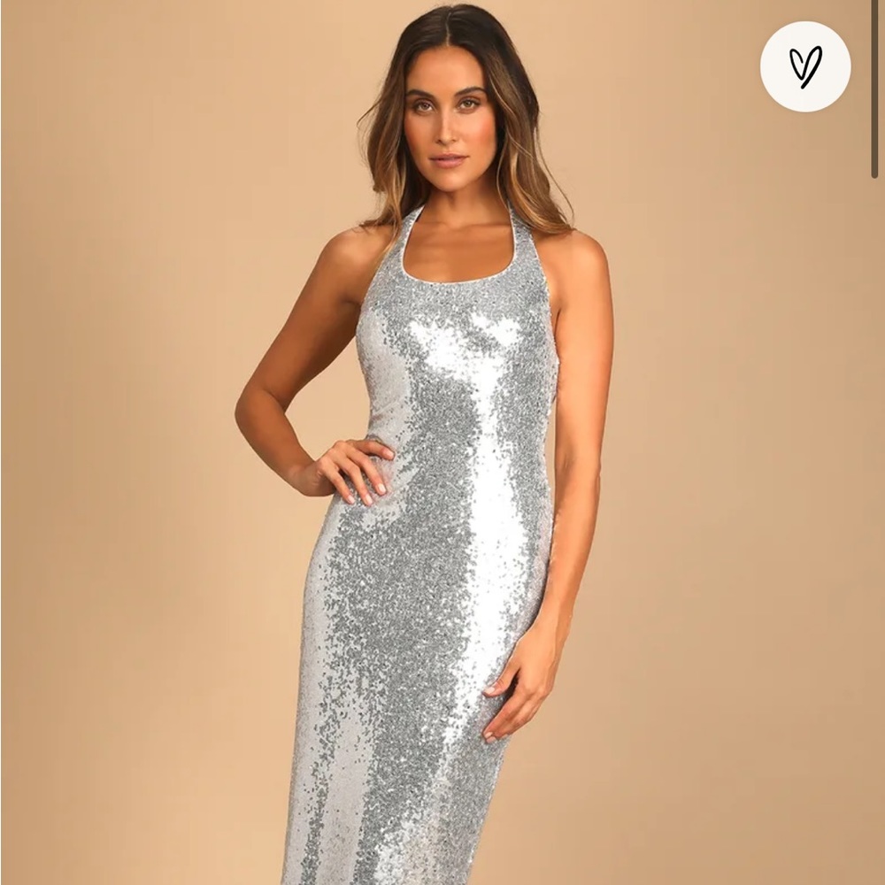 Next Level Glam Silver Sequin Halter Mermaid Maxi Dress Lulu's xs NWT NYE